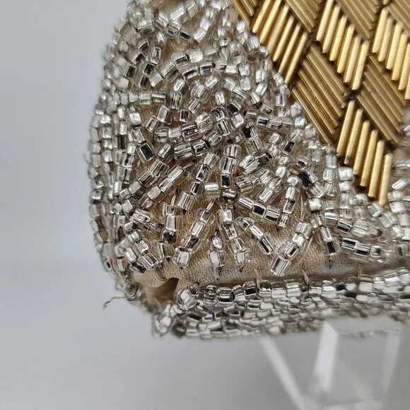 Vintage 1950's Silver Pearl Diamond Pattern Hand Beaded Evening Purse Clutch - Picture 6 of 12